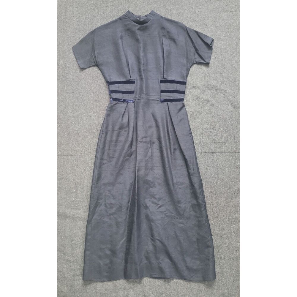 Vintage Antique Day Dress Dark Navy Black‎ Midi 1940s 50s Size XS